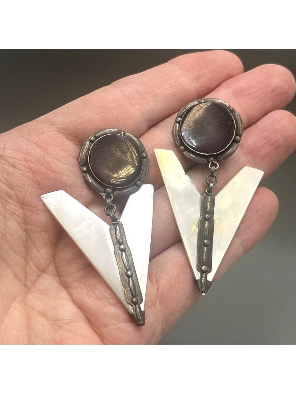 Vtg Art Deco Style Drop Clip Earrings 925 Sterling Silver Onyx Mother Of Pearl